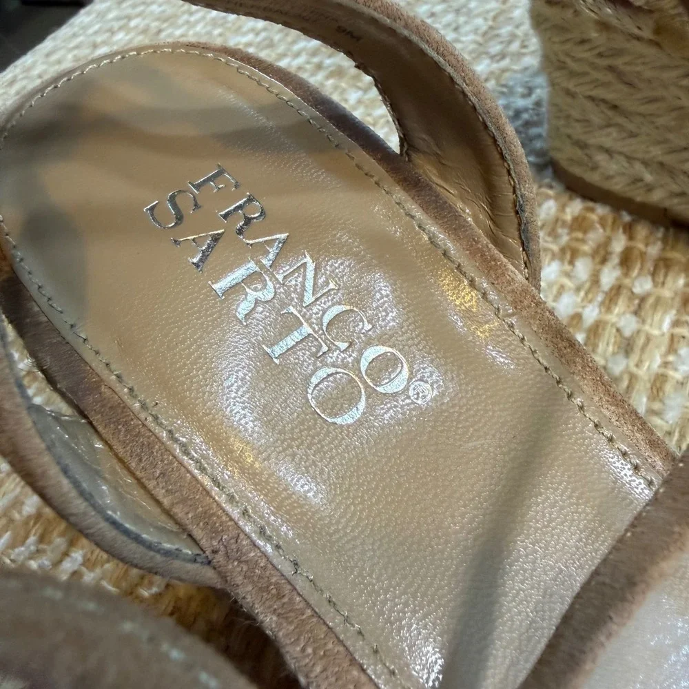 Franco Sarto Herbal Tan Leather Beaded Espadrille Wedge Sandals Womens 9M